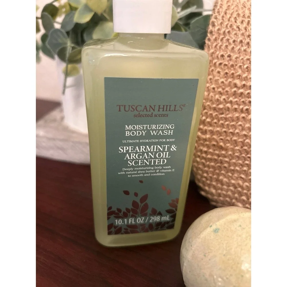 Tuscan Hills bath and body set includes spearmint and argan oil scented products